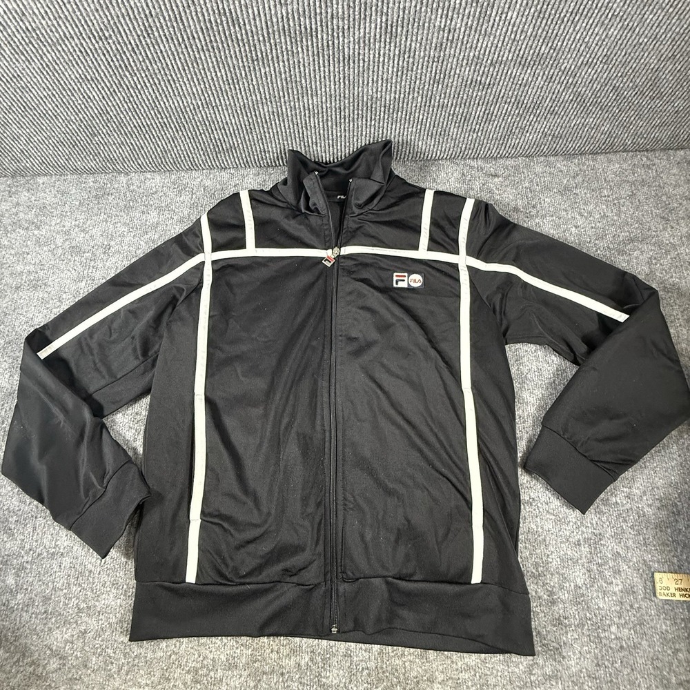 FILA Track Suit Jacket Mens LARGE Black White Stripes Soccer Tennis Athleisure